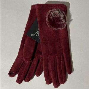Sara Jane Rabbit Fur Trim Detail Burgundy Winter Gloves Women NEW